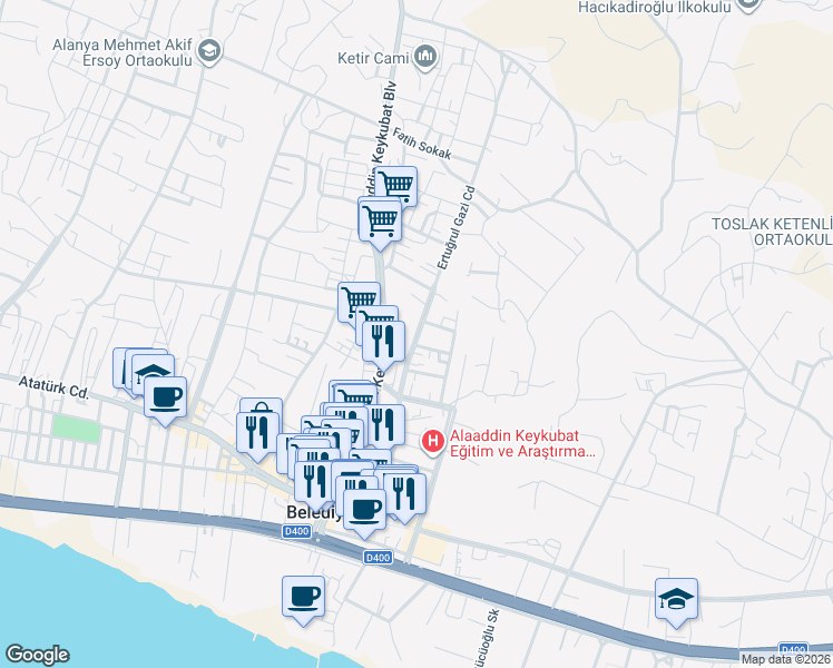 map of restaurants, bars, coffee shops, grocery stores, and more near 55 Ertuğrul Gazi Caddesi in Alanya