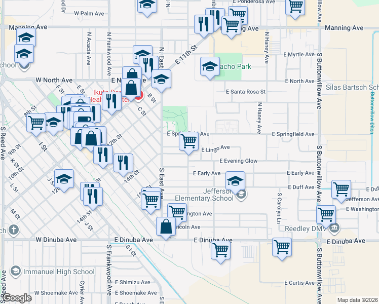 map of restaurants, bars, coffee shops, grocery stores, and more near 240 South Sunset Avenue in Reedley