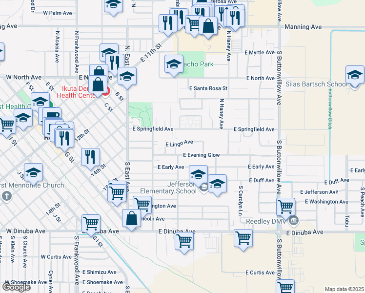 map of restaurants, bars, coffee shops, grocery stores, and more near 921 East Lingo Avenue in Reedley