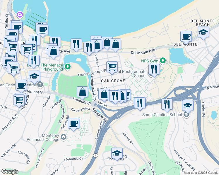 map of restaurants, bars, coffee shops, grocery stores, and more near 1101 Sixth Street in Monterey
