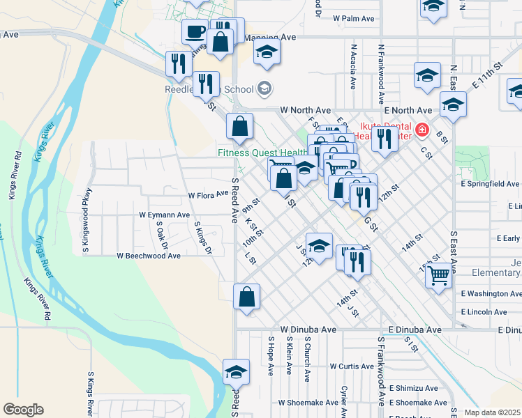 map of restaurants, bars, coffee shops, grocery stores, and more near 934 J Street in Reedley