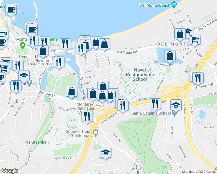 map of restaurants, bars, coffee shops, grocery stores, and more near 14 Seventh Street in Monterey