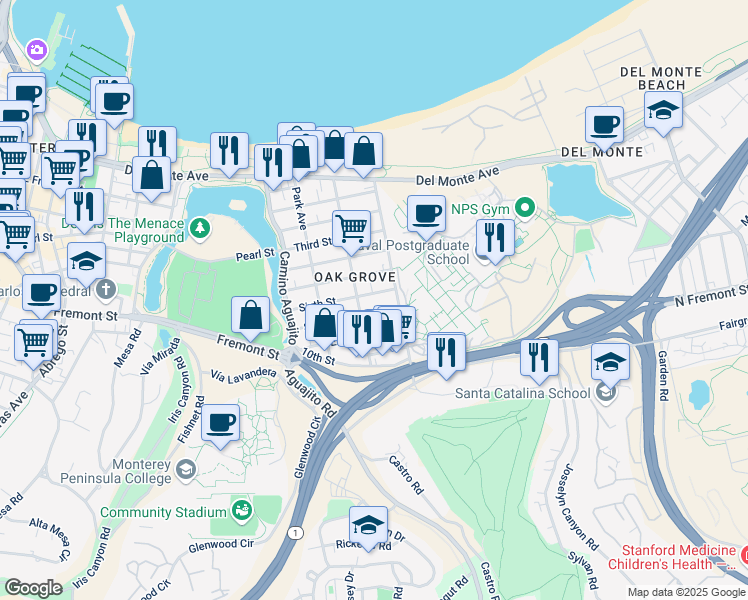 map of restaurants, bars, coffee shops, grocery stores, and more near 602 Ocean Avenue in Monterey
