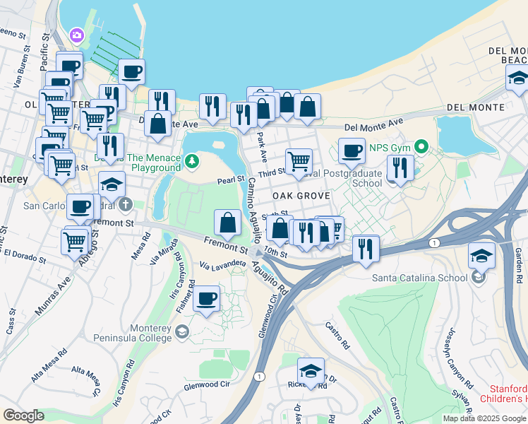 map of restaurants, bars, coffee shops, grocery stores, and more near 921 Camino Aguajito in Monterey