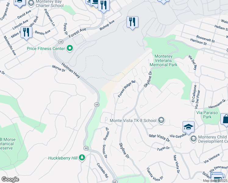 map of restaurants, bars, coffee shops, grocery stores, and more near 249 Forest Ridge Road in Monterey