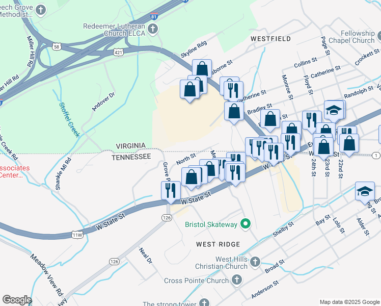 map of restaurants, bars, coffee shops, grocery stores, and more near 245 Midway Medical Park in Bristol