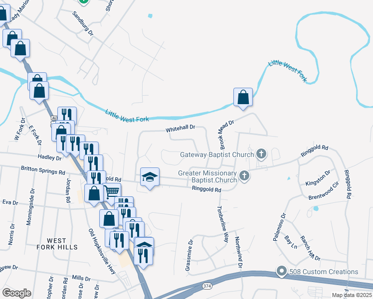 map of restaurants, bars, coffee shops, grocery stores, and more near 202 Windmeade Circle in Clarksville