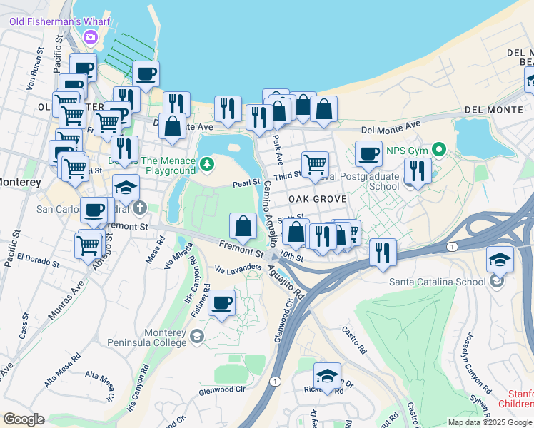 map of restaurants, bars, coffee shops, grocery stores, and more near 921 Camino Aguajito in Monterey