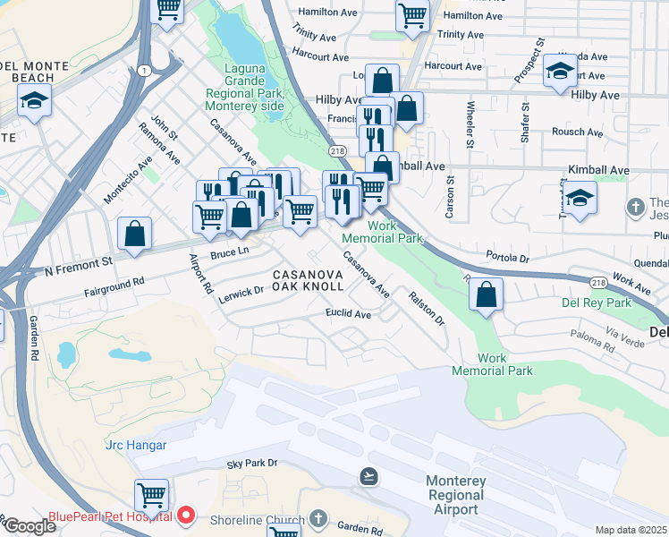 map of restaurants, bars, coffee shops, grocery stores, and more near 730 Casanova Avenue in Monterey