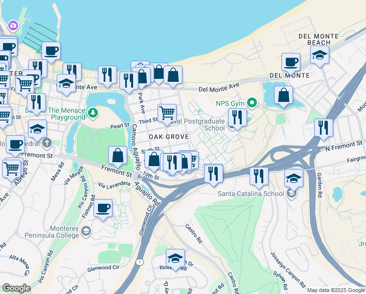 map of restaurants, bars, coffee shops, grocery stores, and more near 1270 Sixth Street in Monterey