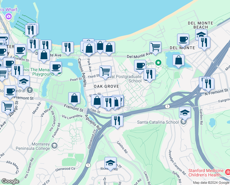 map of restaurants, bars, coffee shops, grocery stores, and more near 14 Seventh Street in Monterey