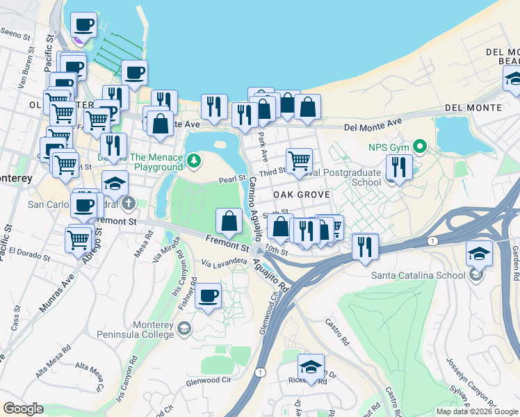 map of restaurants, bars, coffee shops, grocery stores, and more near 921 Camino Aguajito in Monterey
