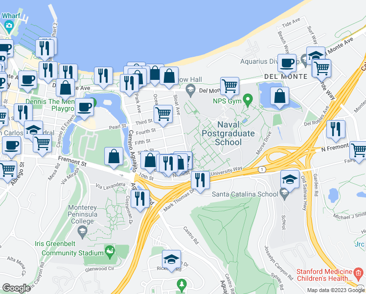 map of restaurants, bars, coffee shops, grocery stores, and more near 650 Sloat Avenue in Monterey