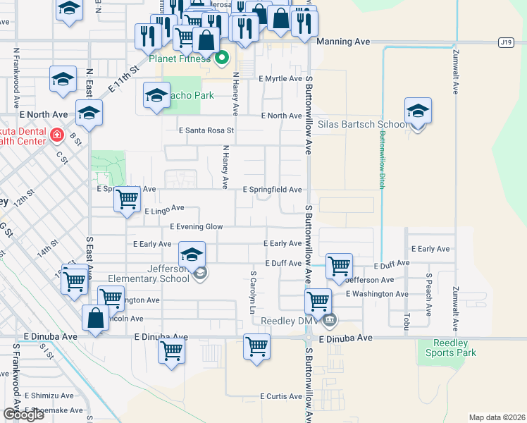 map of restaurants, bars, coffee shops, grocery stores, and more near 258 South Kady Avenue in Reedley