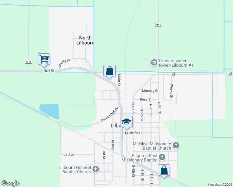 map of restaurants, bars, coffee shops, grocery stores, and more near 115 Baden Avenue in Lilbourn