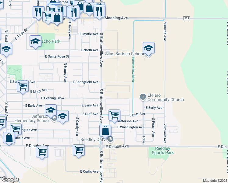 map of restaurants, bars, coffee shops, grocery stores, and more near 9590 South Buttonwillow Avenue in Reedley