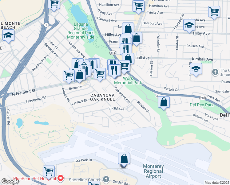 map of restaurants, bars, coffee shops, grocery stores, and more near 740 Casanova Avenue in Monterey