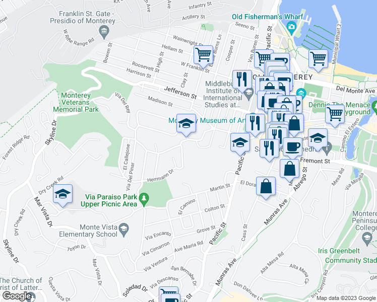 map of restaurants, bars, coffee shops, grocery stores, and more near 101 Herrmann Drive in Monterey