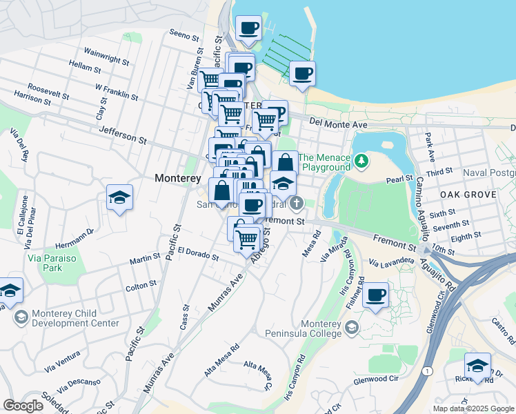 map of restaurants, bars, coffee shops, grocery stores, and more near 716 Munras Avenue in Monterey