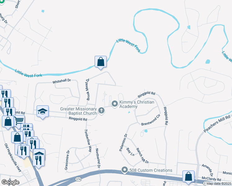 map of restaurants, bars, coffee shops, grocery stores, and more near 116 Waterwheel Circle in Clarksville