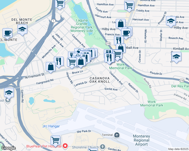 map of restaurants, bars, coffee shops, grocery stores, and more near 702 Ramona Avenue in Monterey