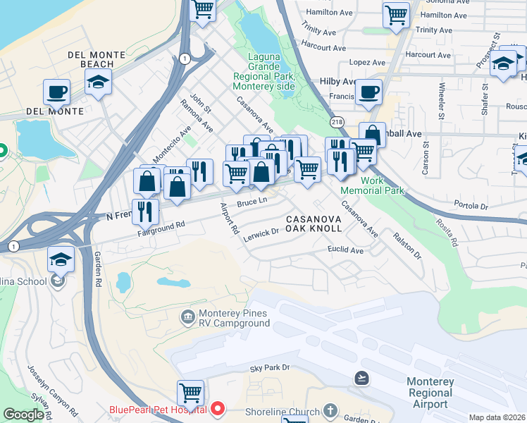 map of restaurants, bars, coffee shops, grocery stores, and more near 217 Littleness Avenue in Monterey