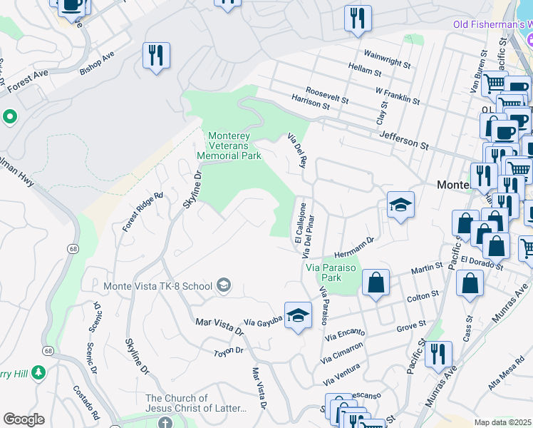 map of restaurants, bars, coffee shops, grocery stores, and more near 331 Dry Creek Road in Monterey