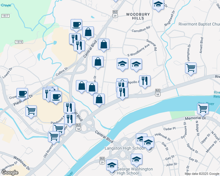 map of restaurants, bars, coffee shops, grocery stores, and more near 48791 Courtland Street in Danville