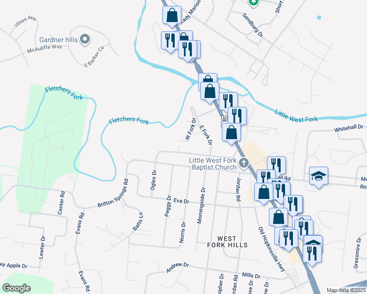 map of restaurants, bars, coffee shops, grocery stores, and more near 163 Hadley Drive in Clarksville