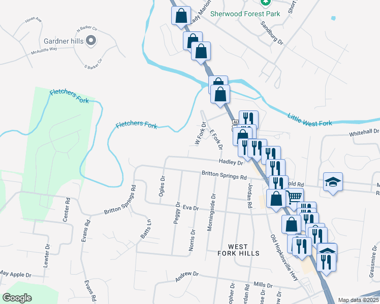 map of restaurants, bars, coffee shops, grocery stores, and more near 163 Hadley Drive in Clarksville
