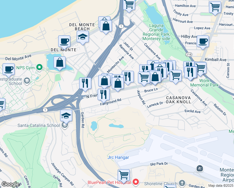 map of restaurants, bars, coffee shops, grocery stores, and more near 2110 Fremont Street in Monterey