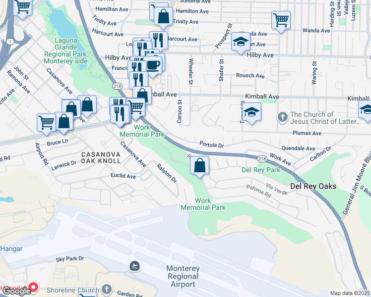 map of restaurants, bars, coffee shops, grocery stores, and more near Canyon Del Rey Boulevard & Rosita Road in Monterey