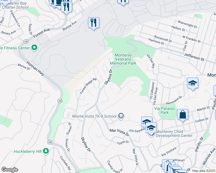 map of restaurants, bars, coffee shops, grocery stores, and more near 6 Huckleberry Court in Monterey