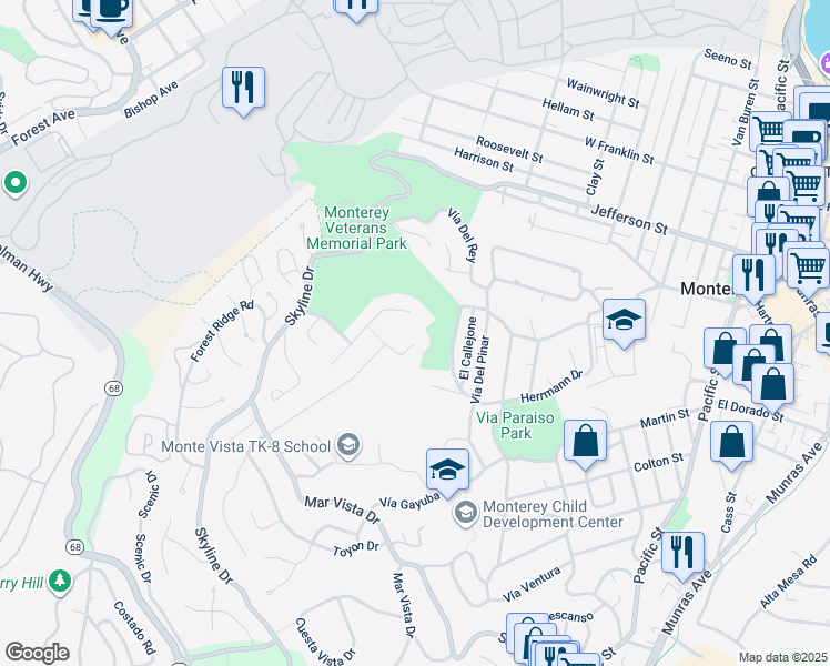 map of restaurants, bars, coffee shops, grocery stores, and more near 331 Dry Creek Road in Monterey