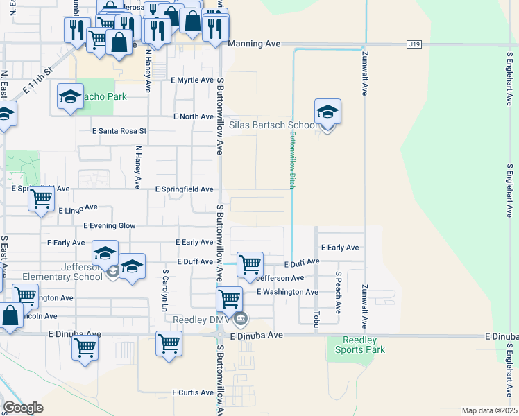 map of restaurants, bars, coffee shops, grocery stores, and more near 9590 South Buttonwillow Avenue in Reedley