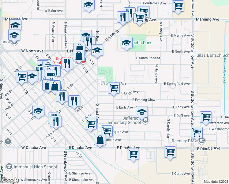 map of restaurants, bars, coffee shops, grocery stores, and more near 240 South Sunset Avenue in Reedley