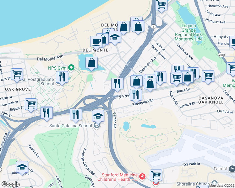 map of restaurants, bars, coffee shops, grocery stores, and more near 2031 North Fremont Street in Monterey