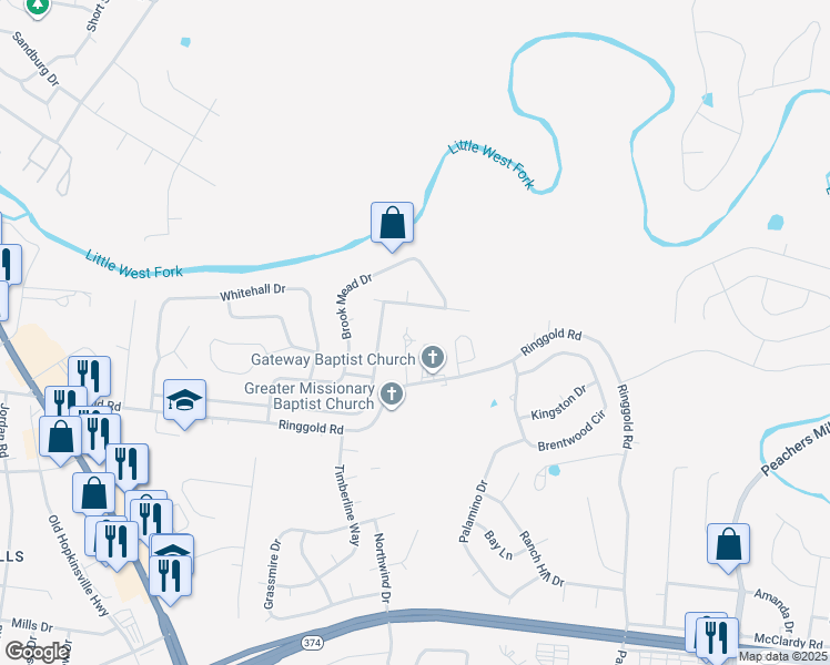 map of restaurants, bars, coffee shops, grocery stores, and more near 2119 Ringgold Court in Clarksville