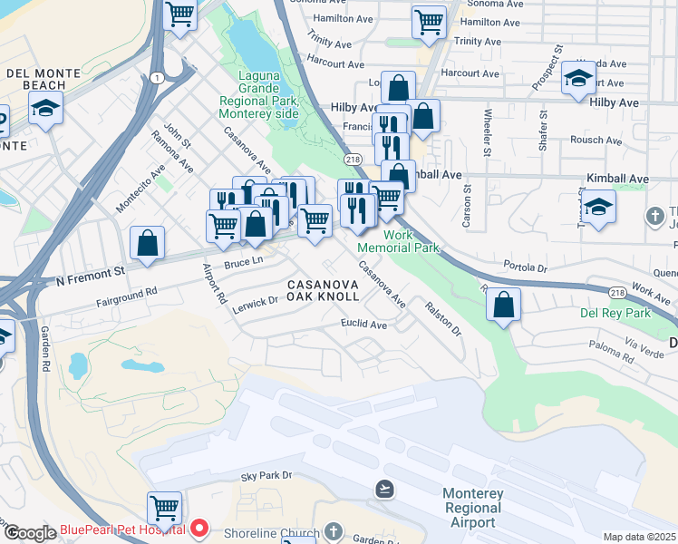 map of restaurants, bars, coffee shops, grocery stores, and more near 103 Edinburgh Circle in Monterey
