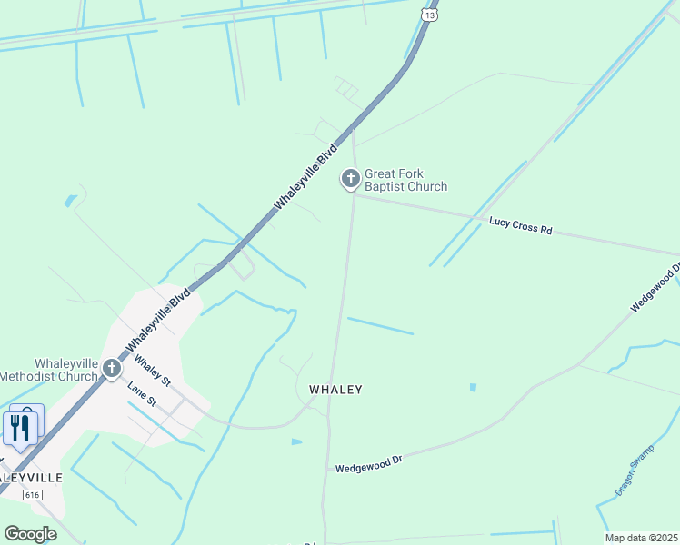 map of restaurants, bars, coffee shops, grocery stores, and more near 250 Great Fork Road in Suffolk