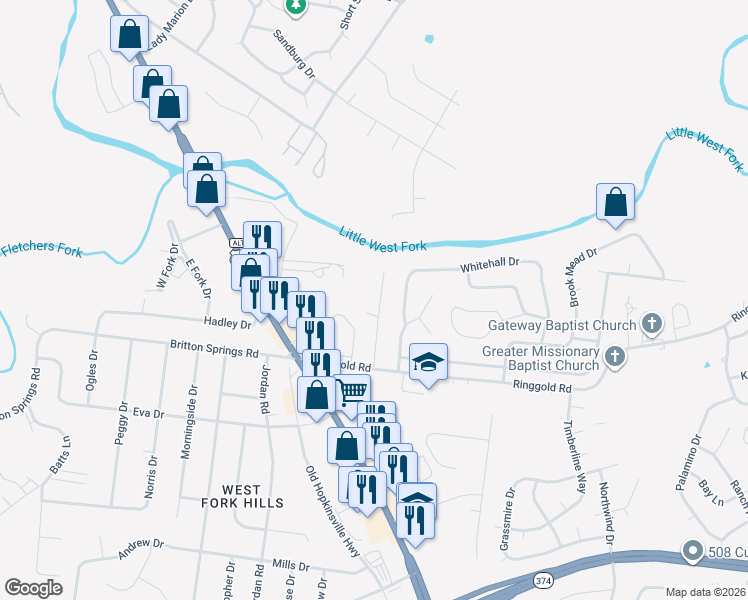 map of restaurants, bars, coffee shops, grocery stores, and more near 2052 Tynewood Drive in Clarksville