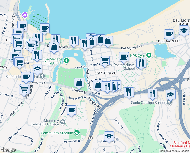 map of restaurants, bars, coffee shops, grocery stores, and more near 1102 Sixth Street in Monterey