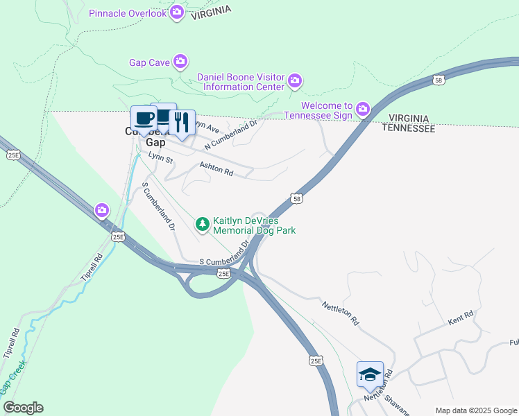map of restaurants, bars, coffee shops, grocery stores, and more near 225 Boone Trail in Cumberland Gap