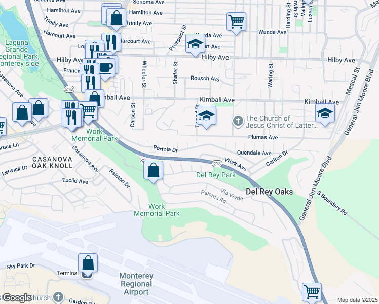map of restaurants, bars, coffee shops, grocery stores, and more near 972 Portola Drive in Del Rey Oaks