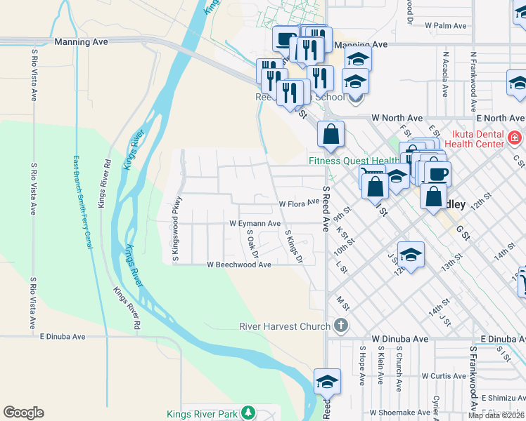 map of restaurants, bars, coffee shops, grocery stores, and more near 1218 West Eymann Avenue in Reedley
