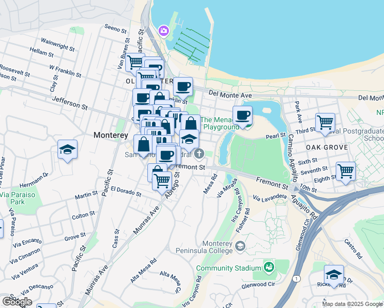 map of restaurants, bars, coffee shops, grocery stores, and more near 550 Church St in Monterey