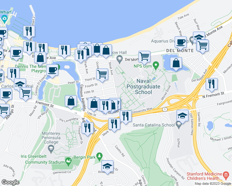 map of restaurants, bars, coffee shops, grocery stores, and more near Sloat Avenue & Sixth Street in Monterey