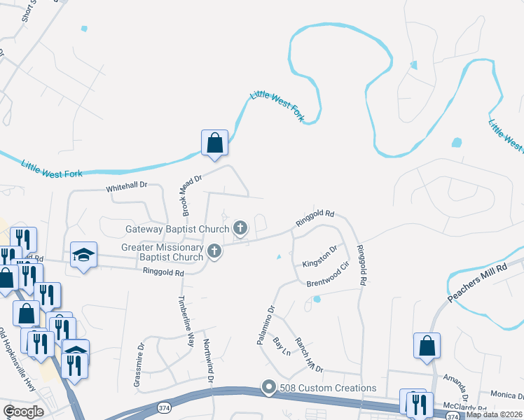 map of restaurants, bars, coffee shops, grocery stores, and more near 116 Waterwheel Circle in Clarksville