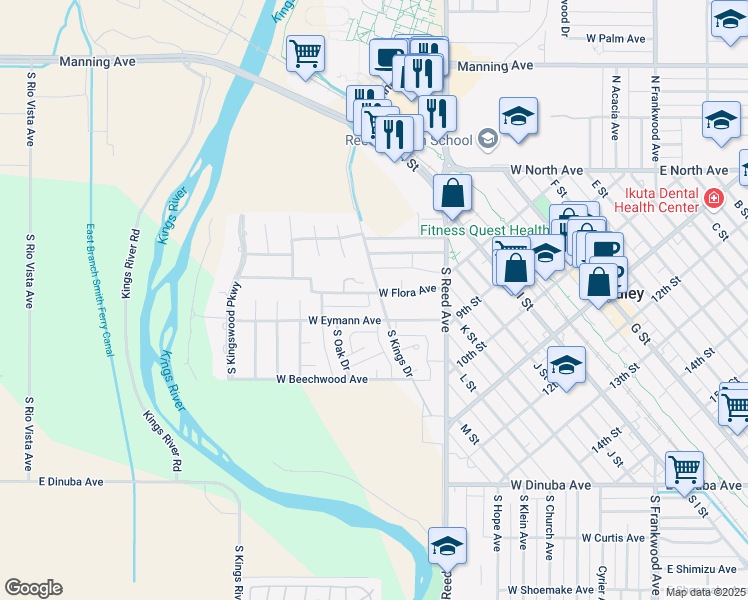 map of restaurants, bars, coffee shops, grocery stores, and more near 197 South Kings Drive in Reedley