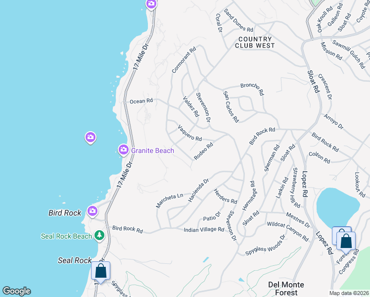 map of restaurants, bars, coffee shops, grocery stores, and more near 1029 Rodeo Road in Del Monte Forest